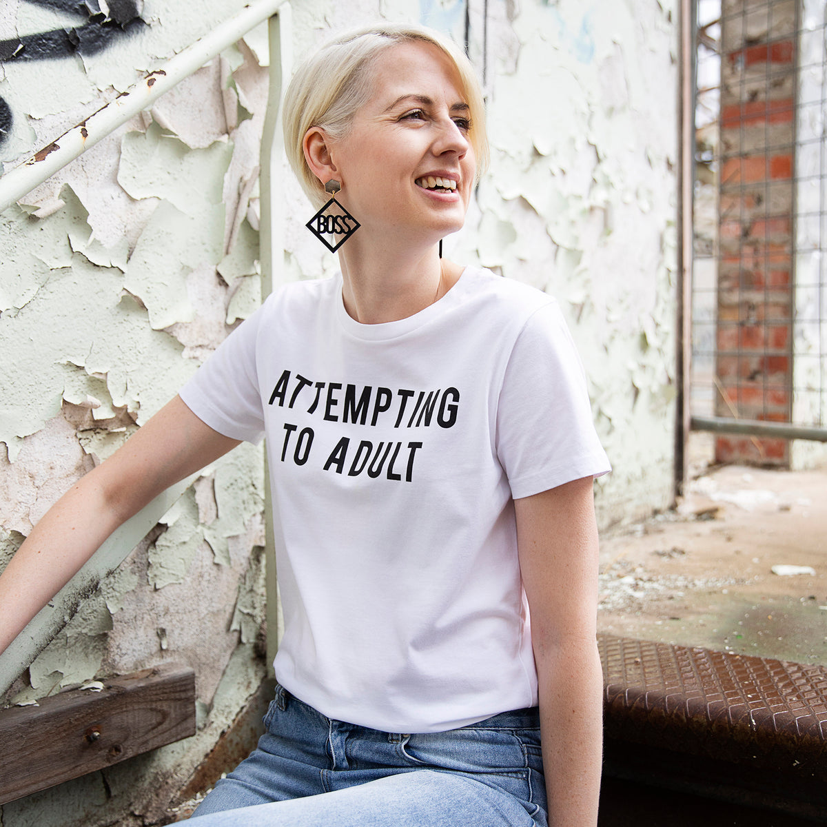 Woman with blonde hair wearing Slightly Shirtee Attempting to Adult Slogan Tshirt